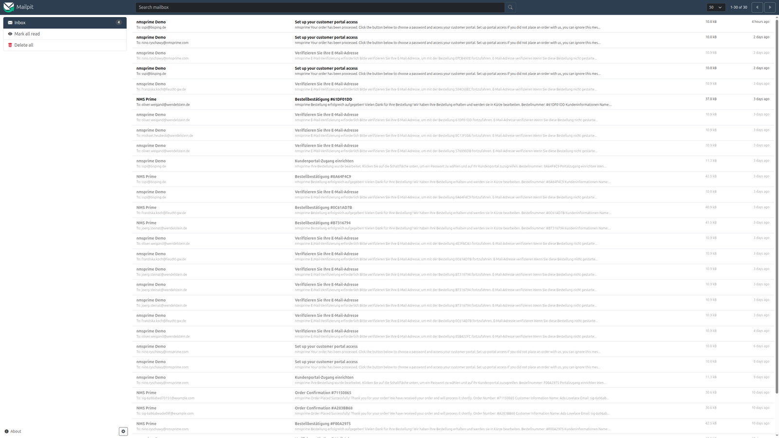 Demo Mail inbox with captured order and portal messages