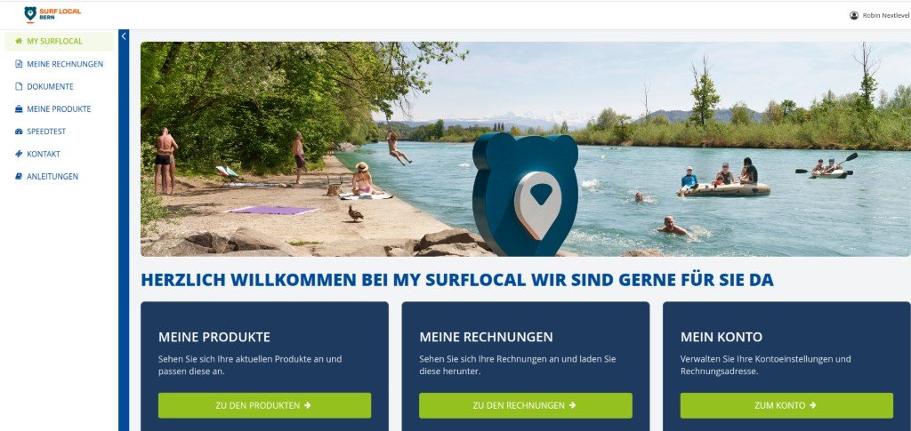Customer portal home with products, invoices, and account shortcuts